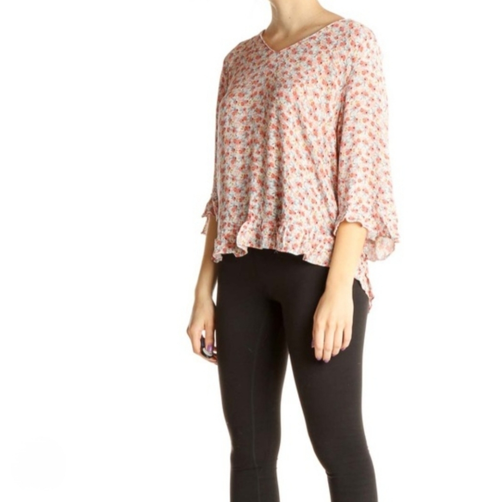 GUC Cynthia Rowley "V-Neck 3/4 Bell Sleeves All Over Floral Ruffle Trim Top" XL - Picture 3 of 12
